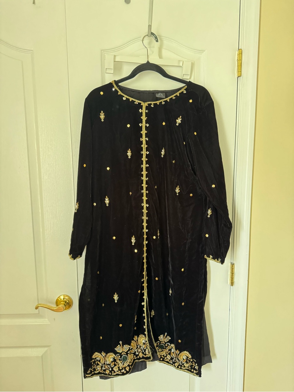 Black Velvet Long-Sleeve Embroidered Long Dress with Gold Trim